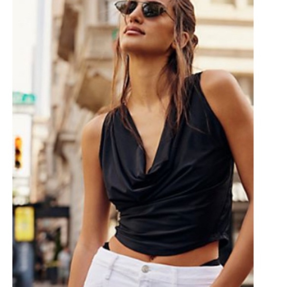 Free People Elegant Black Drape Neck Top